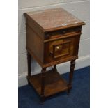 A FRENCH WALNUT POT CUPBOARD with a red veined marble top, single drawer and door revealing a marble