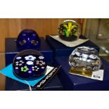 FOUR BOXED GLASS PAPERWEIGHTS, comprising Paul Ysart, Milliefiori, two Webb Corbett one depicting