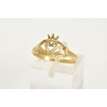 A 9CT GOLD CLADDAGH RING, the openwork ring in the form of two hands holding a heart and crown, with
