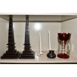 A PAIR OF LATE VICTORIAN EBONISED WOODEN DESK OBELISKS, height 38.5cm, together with a Victorian