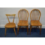 AN ERCOL BLONDE ELM STACKING CHAIR together with a pair of mid 20th Century blonde elm spindle