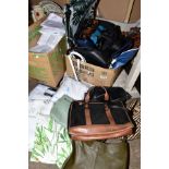 TWO BOXES OF CURTAINS, NET CURTAINS AND HANDBAGS, ETC, including John Lewis bags (2 boxes)