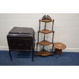 A VINTAGE ALBA MAHOGANY WIND UP GRAMAPHONE, (sd) together with a rosewood finish four tier corner