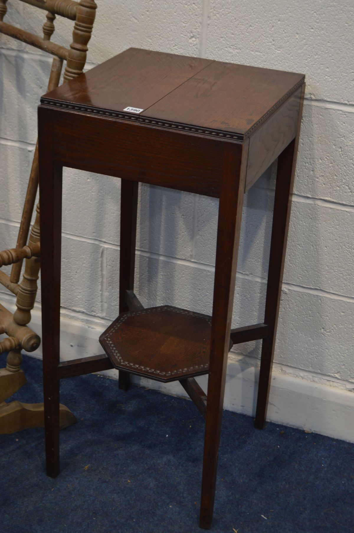 AN EARLY TO MID 20TH CENTURY OAK PLANT STAND, on a square tapering legs united by an undershelf, - Image 2 of 3