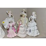 SEVEN COALPORT LADY FIGURES, comprising Celebration Time, an untitled figure holding an envelope,