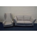 AN UNBRANDED OATMEAL HESSIAN STYLE TWO PIECE LOUNGE SUITE, with buttoned decoration, comprising a