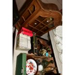 TWO BOXES AND LOOSE OF CERAMICS, METALWARES, WALL HANGING DISPLAY CABINET, etc, including boxed Aiwa