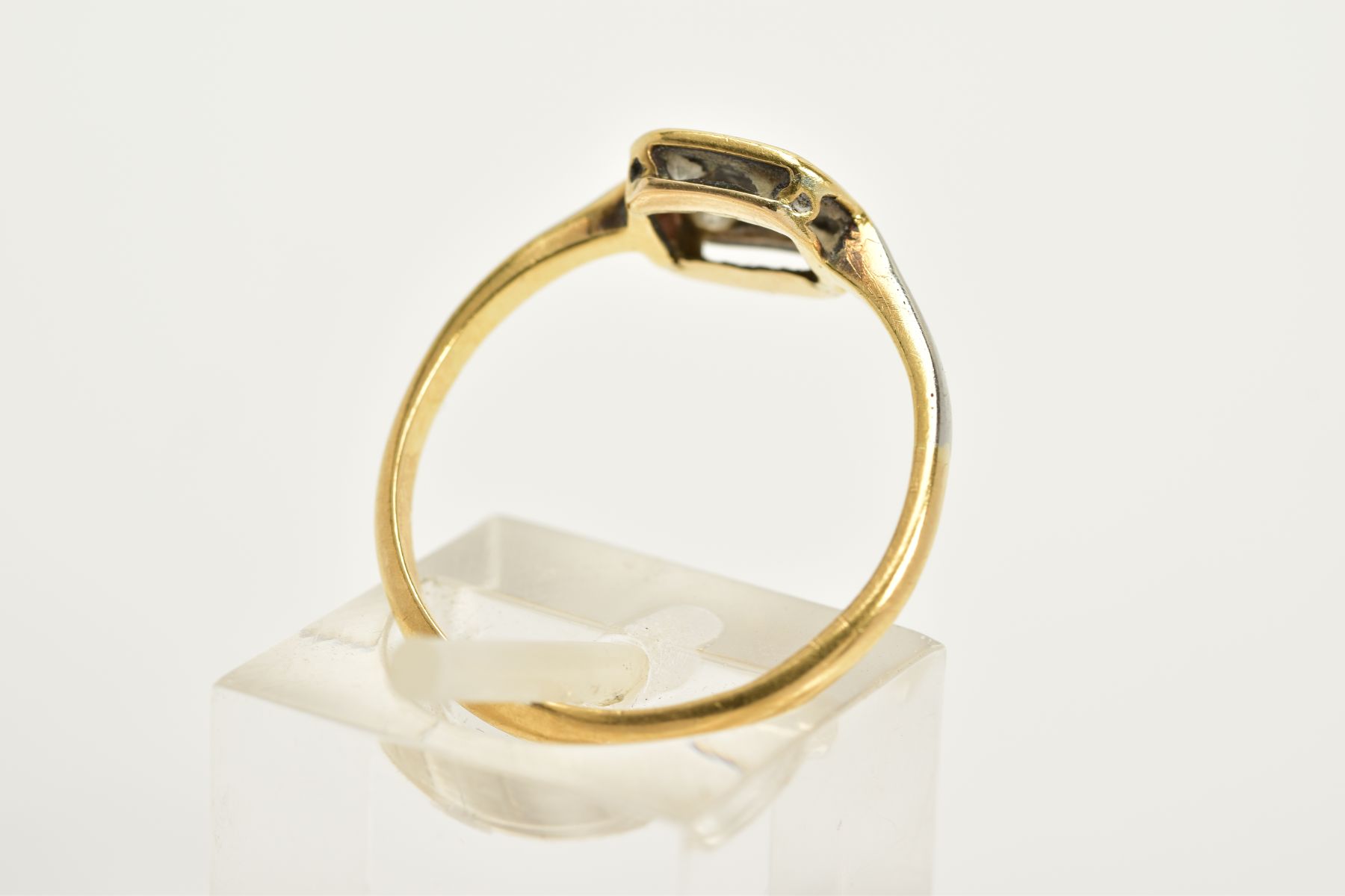A YELLOW METAL DIAMOND RING, of square design set with four single cut diamonds, tapered - Image 3 of 3