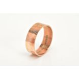 A 9CT ROSE GOLD WIDE BAND, plain polish design, hallmarked 9ct gold Birmingham, ring size Y,