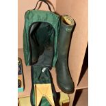 A PAIR OF GENTS LE CHAMEAU GREEN WELLINGTON BOOTS, size 43, tartan design lining , with boot bag