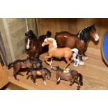 SIX BESWICK HORSES, Shire Mane No. 818, brown, Foal (grazing) No. 949, 2nd version, brown (ear