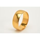 A 22CT GOLD WIDE WEDDING BAND, plain polish design, hallmarked 22ct Birmingham, ring size L 1/2,