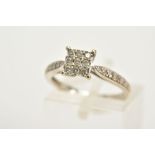 A WHITE METAL DIAMOND RING, the square central panel set with nine round brilliant cut diamonds,