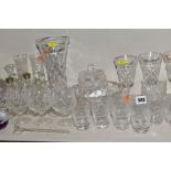 A QUANTITY OF CUT GLASS, including Stuart Crystal suite of six wine glasses, six brandy glasses,