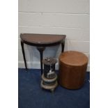 A VINTAGE VALOR INDUSTRIAL HEATER, together with a brown swivel stool and a mahogany half moon table