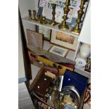 A BOX OF METALWARES, COLLECTABLES, LOOSE PAINTINGS, PRINTS AND BRASS CANDLESTICKS, ETC, including