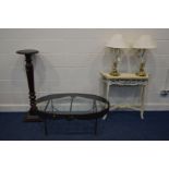 A MODERN WROUGHT IRON OVAL GLASS TOPPED COFFEE TABLE, length 116cm x depth 72cm x height 39cm,