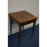 AN EDWARDIAN MAHOGANY, PARQUETRY INLAID AND STRUNG ENVELOPE CARD TABLE, green baize interior, single