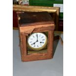 A LATE 19TH CENTURY BRASS MANTEL CLOCK WITH FITTED TRAVELLING CASE, hinged handle to the top,