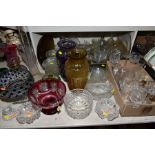 TWO BOXES AND LOOSE GLASSWARE, ETC, INCLUDING COLOURED CUT TO CLEAR GLASS VASES AND PEDESTAL