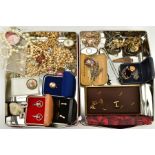 TWO BOXES OF MISCELLANEOUS ITEMS, to include an 18ct rolled gold charm bracelet with heart clasp,