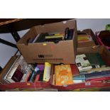 FIVE BOXES OF BOOKS, including novels, reference for antiques, gardening, comedy, etc (5 boxes)