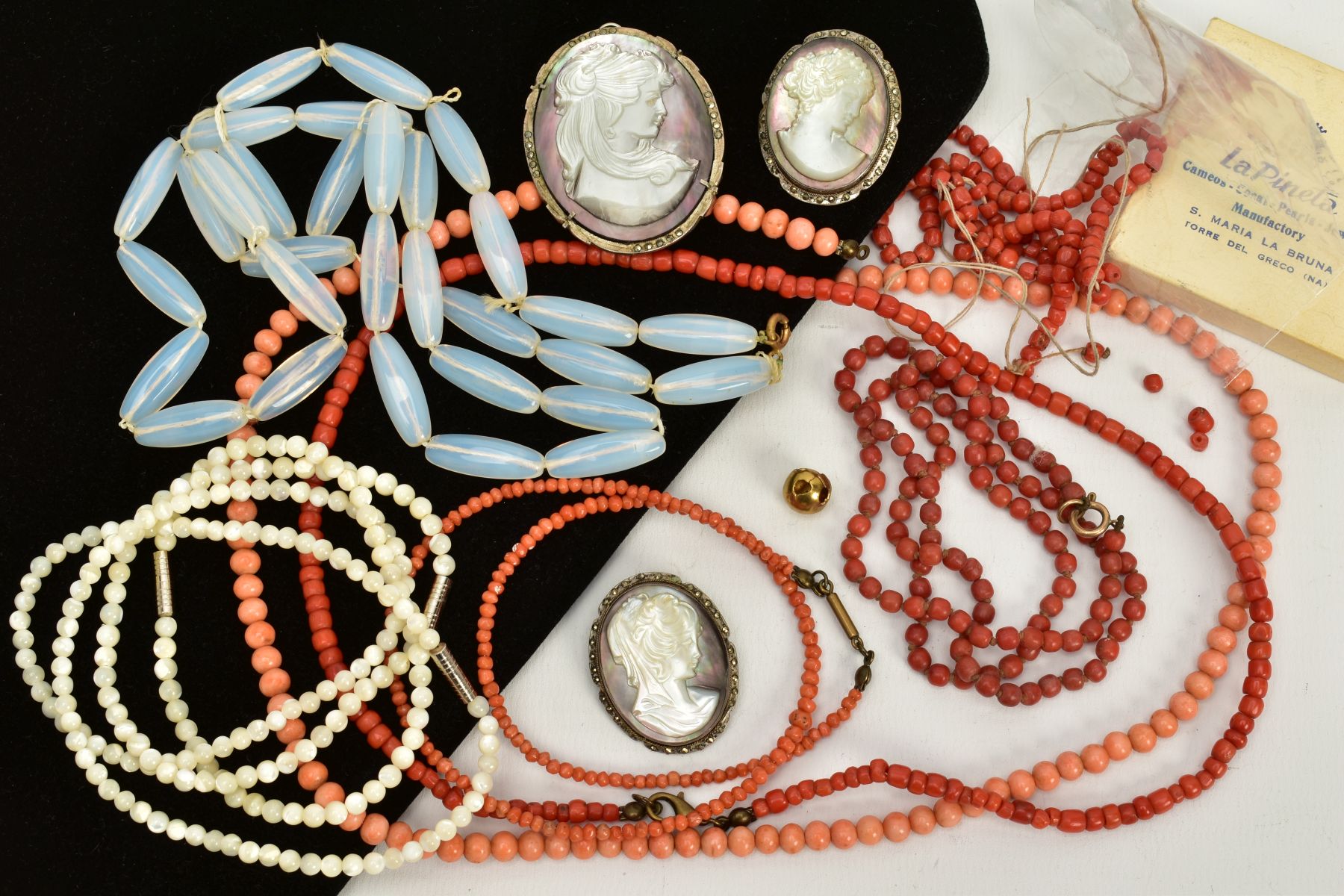 A SELECTION OF CORAL AND OTHER BEAD NECKLACES, CAMEOS, to include five coral bead necklaces, with