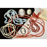 A SELECTION OF CORAL AND OTHER BEAD NECKLACES, CAMEOS, to include five coral bead necklaces, with