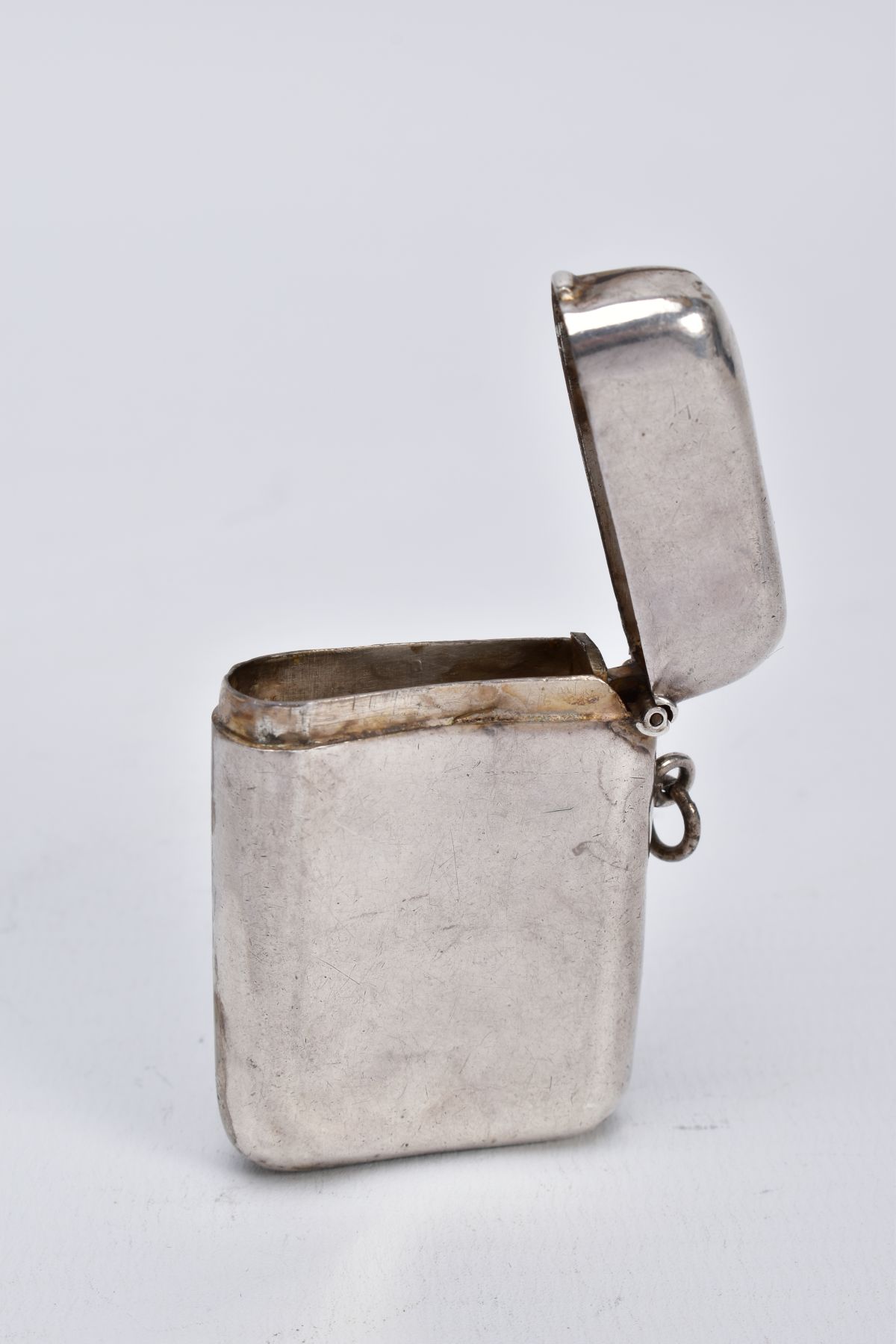 A SILVER VESTA, of a rounded rectangular form, plain polished design with engrave initials to the - Image 2 of 3