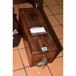 A LATE VICTORIAN WALNUT TILL OF RECTANGULAR FORM, with key, the drawer with four dished coin