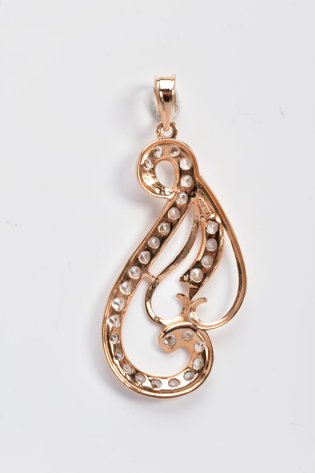 A YELLOW METAL OPENWORK PENDANT, of scroll design, embellished with circular cut cubic zirconia, - Image 2 of 2