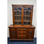 AN EDWARDIAN WALNUT ART NOUVEAU SIDEBOARD, width 143cm x depth 49cm x height 95cm and a walnut