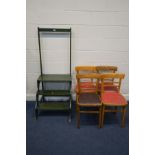 A SET OF GREEN PAINTED LIBRARY STEPS, together with four mid 20th Century beech chairs (5)