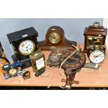 NINE VARIOUS LATE VICTORIAN AND 20TH CENTURY MANTEL CLOCKS AND TIMEPIECES, including a black slate