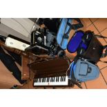 A BOX AND LOOSE CAMERAS AND PHOTOGRAPHY EQUIPMENT, TRIPODS, YAMAHA KEYBOARD, ETC, including an