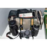 A BAG OF CAMERA EQUIPMENT, including a Pentax P30T with SMC Pentax-A 1:2 50mm lens, a Tamron for