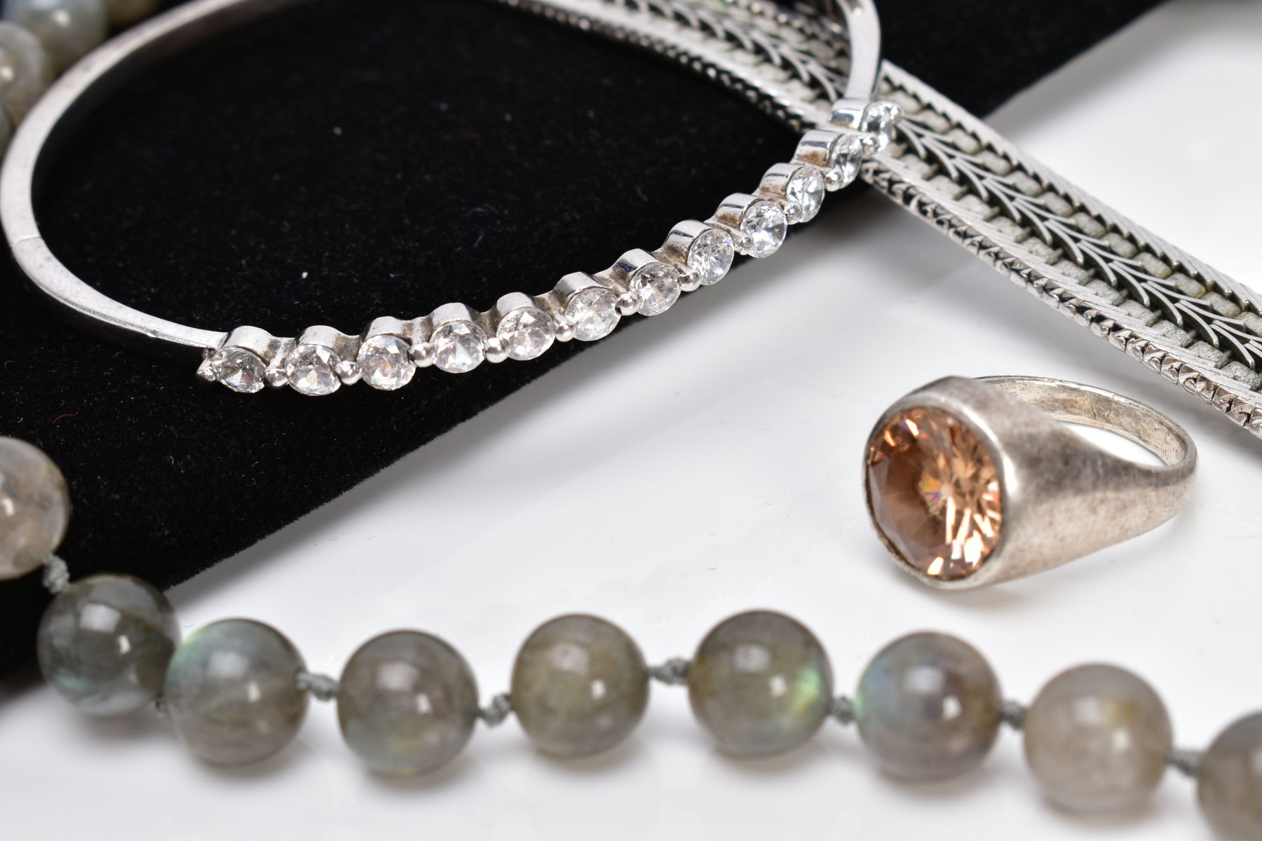 A SELECTION OF JEWELLERY, to include a white metal multi drop pendant, set with seven marquise cut - Image 2 of 4