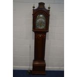 A GEORGE V MAHOGANY EIGHT DAY LONGCASE CLOCK, the slopped hood with a brass panel between a pair