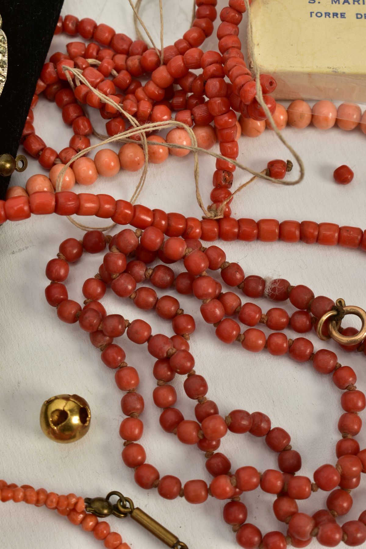 A SELECTION OF CORAL AND OTHER BEAD NECKLACES, CAMEOS, to include five coral bead necklaces, with - Image 4 of 5