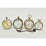 FOUR OPEN FACED POCKET WATCHES AND ALBERT CHAIN, to include a silver 'Limit', white dial, roman