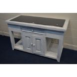 A PAINTED MANGO WOOD MARBLE TOPPED KITCHEN ISLAND, with double cupboard doors to each side, length