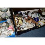 SIX BOXES OF CERAMICS, GLASSWARE, ETC, including animal ornaments, collectors plates, a Royal