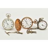TWO OPEN FACED SILVER POCKET WATCHES AND A GOLD PLATED FULL HUNTER POCKET WATCH, the first with a