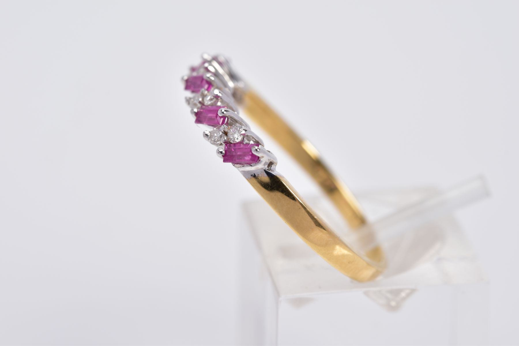 AN 18CT GOLD RUBY AND DIAMOND HALF HOOP RING, designed with a row of titled rectangular cut - Image 2 of 4