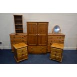 A QUANTITY OF VARIOUS MODERN PINE BEDROOM FURNITURE, to include a gentlemans double door wardrobe,