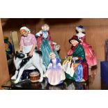 FIVE ROYAL DOULTON FIGURES, 'Country Maid' HN3163, 'Lady Charmian' HN1948 (leaves broken), 'Silks