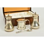 A CASED THREE PIECE SET OF SILVER, to include a plain polished designed salt and pepper pot together