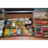 FOUR BOXES AND LOOSE BOOKS, POSTCARDS, TINS, ETC, including a pair of Pure speakers, a briefcase