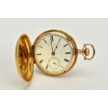 A FULL HUNTER POCKET WATCH, white dial, Roman numerals, dial signed 'Hampden Watch Co', blue