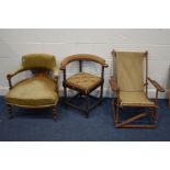 AN EDWARDIAN ROSEWOOD TUB CHAIR together with an early 20th Century oak barley twist corner chair